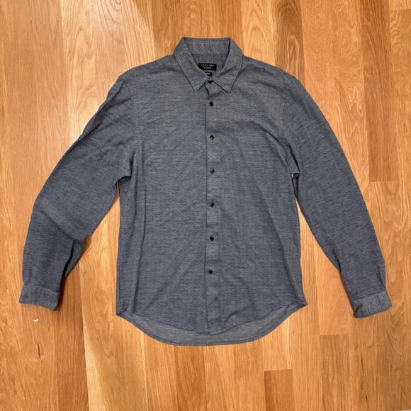 ZARA Chambray Polka-Dot Button-Up Collared Shirt L Long-Sleeve Blue Slim Fit - Picture 1 of 8